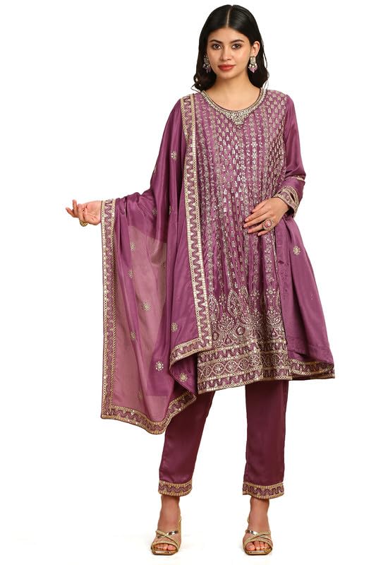 Soch Womens Purple Sequinned Embellished Chinon Suit Set with Dupatta