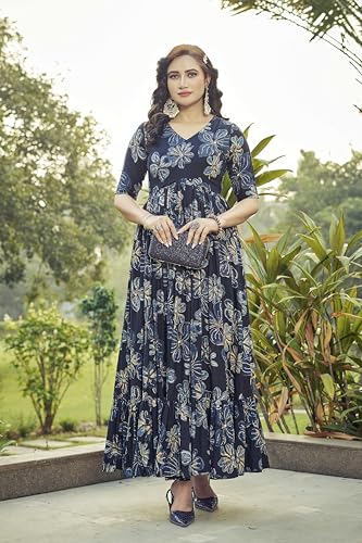 Samprag Rayon Gown for Women | Full Length | Printed | Fit & Flare | 3/4Th Sleeves | V Neck | Stylish | Ideal for Casual, Formal & Party Occassions | Blue | S