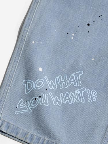The Souled Store Denim: Graffiti Women and Girls Buttoned Blue Printed Cotton Blend Baggy Fit Jeans