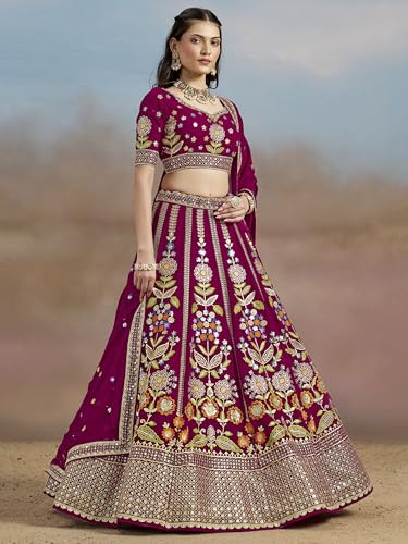 Zeel Clothing Women's Sequins Thread Embroidered Georgette Lehenga Choli With Dupatta (6008-Pink-Women-Lehenga-Choli-New; Free Size)(Pink)