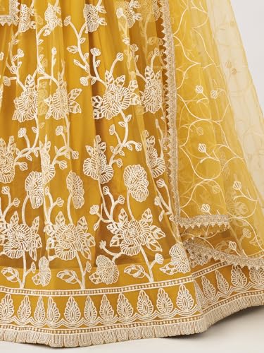 Zeel Clothing Women's Embroidered Soft Net Semi-Stitched Lehenga Choli With Dupatta (2122-Yellow-Wedding-Stylish-Latest; Free Size)