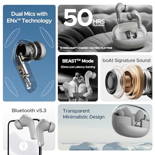 boAt Airdopes 311 Pro, 50HRS Battery, Fast Charge, Dual Mics ENx Tech, Transparent LID, Low Latency, IPX4, IWP Tech, v5.3 Bluetooth Earbuds, TWS in ear earbuds Wireless Earphones with mic (Space Grey)