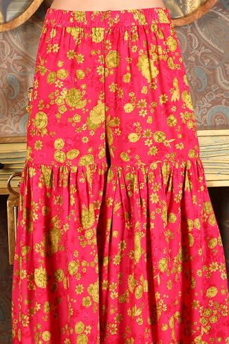 W for Woman Pink Floral Printed Sleeveless Short Kurta, Sharara and Dupatta Set (Size: XL)-24AUWS11567-124154