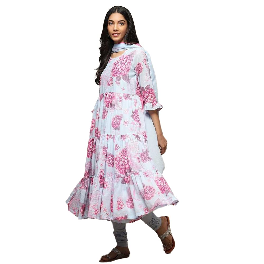 BIBA Women Printed Fitted Voile Salwar Regular Fit Kurta Dupatta(Skdphool Ph8654_Powder Blue_42)