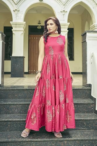 Samprag Rayon Gown for Women | Full Length | Printed | Fit & Flare | Sleevesless | Round Neck | Stylish | Ethenic Dress | Ideal for Casual, Wedding & Party Occassions | Pink | M