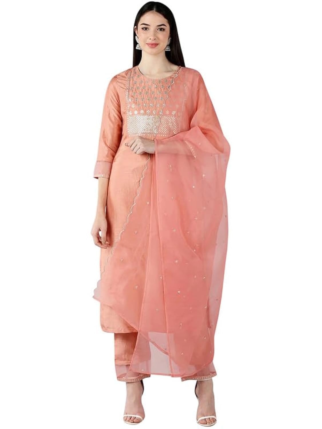 Vaamsi Women's Silk Blend Embroiderd Kurta Pant Dupatta Set (PKSKD1160_S_Orange)