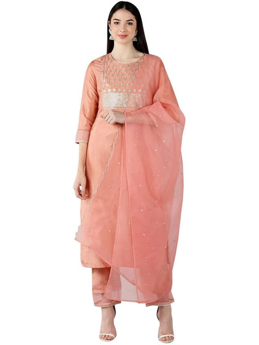 Vaamsi Women's Silk Blend Embroiderd Kurta Pant Dupatta Set (PKSKD1160_S_Orange)