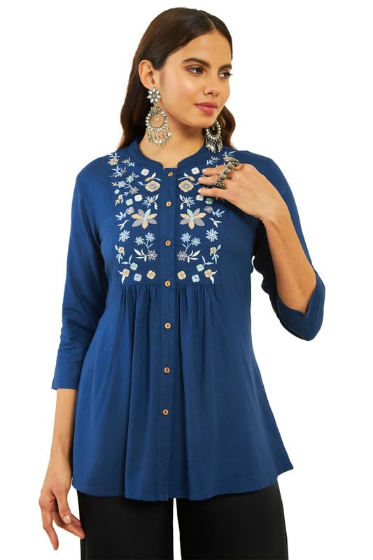 Soch Womens Teal Rayon Floral Embroidered Yoke A-line Tunic