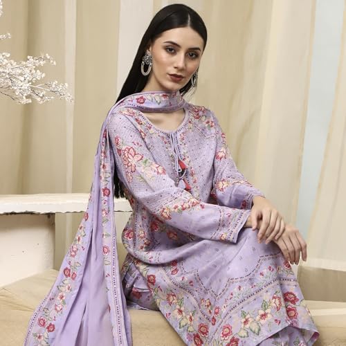 BIBA Women Purple Modal Blend Straight Suit Set_36
