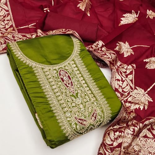 Leeli Peeri Designer Women's Roman Silk Embroidery Work Unstitched Salwar Suit Dress Material