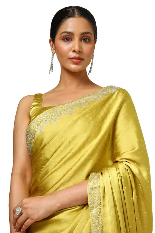 Soch Womens Mustard Satin Embellished Saree With Stone Work