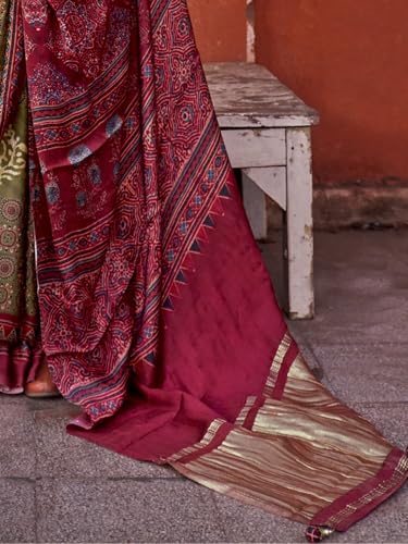 SAREE MALL Women's Olive Viscose Silk Ajrak Printed Saree With Unstitched Blouse (JOGAN102_HS)