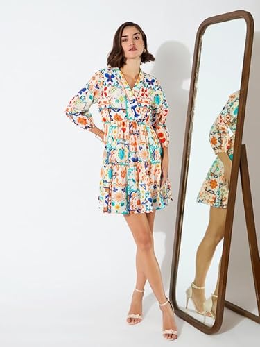 barcino Motif Printed Shawl Collar Tiered Dress Multicolor