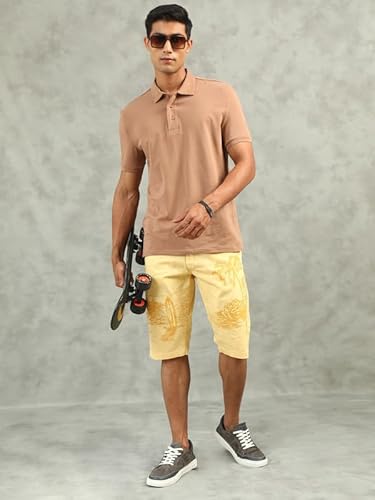 BEEVEE Men's Yellow Regular Fit Printed Shorts