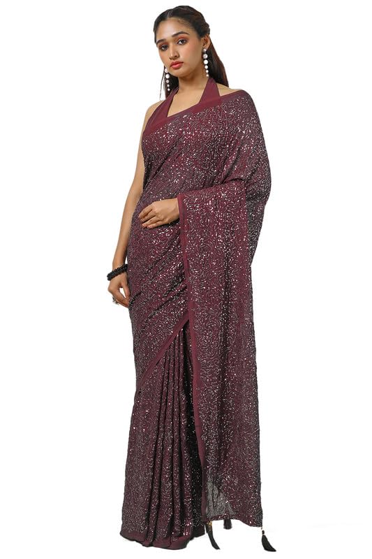 Soch Womens Wine Chiffon Saree With Sequence Work