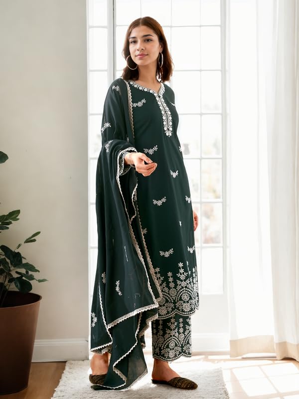 V4M Women's Embroidered Teal Blue Straight Pure Cotton Kurta Set