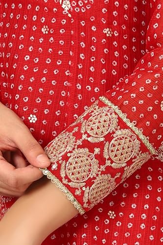 W for Woman Red Bandhej Dot Printed Flared Kurta with Embroidery, Straight Pants and Dupatta Set (Size: XL)-24AUWS11729-124798