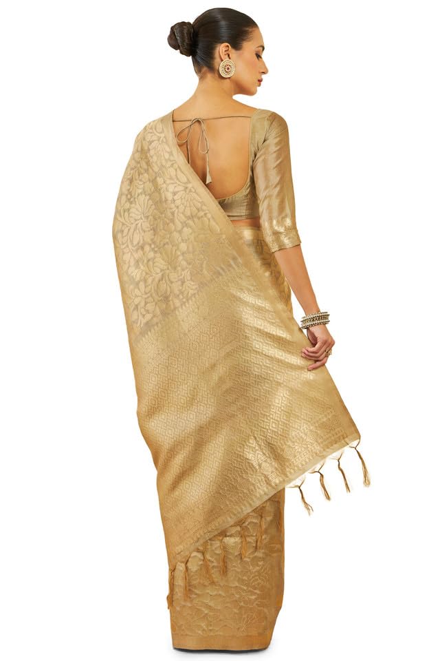 Soch Womens Beige Tussar Silk Saree With Zari Woven Floral And Foliage Designs