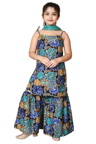SPAMitude - Girls' Floral Printed Kurta Sharara Set | Ethnic Dress with Dupatta | Festive Traditional Outfit Boat Neck Fashion Sleeves (in, Age, 13 Years, 14 Years, Blue)