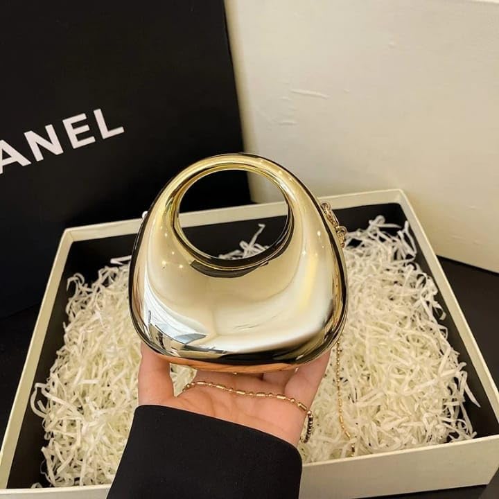 Moon Clutch Purse Acrylic Evening Handbag for Women Crossbody Sling Bags with Detachable Chain Strap Glossy Stylish Latest Ladies Girls Small Size Cute Wallet Party Wedding Gift item (Glossy Golden)