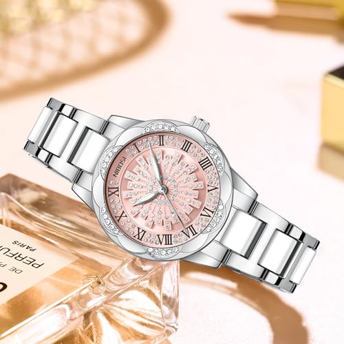 NIBOSI Watch for Woman Analog Quartz Rose Gold Stainless Steel Band Luxury Ladies Watch Stylish Diamond Rotating Pink Dial Wrist Watches Waterproof (Silver Pink)