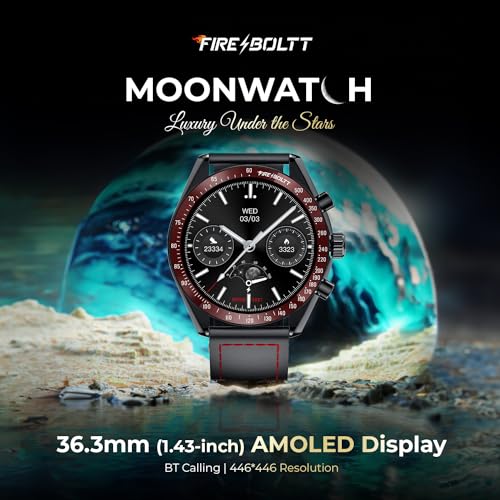 Fire-Boltt Moonwatch 36.3mm (1.43 inch) AMOLED Display, Wireless Charging, Metallic Frame, Premium Leather Straps, Complete Health Suite, Bluetooth Calling, Sports Modes (Black L)