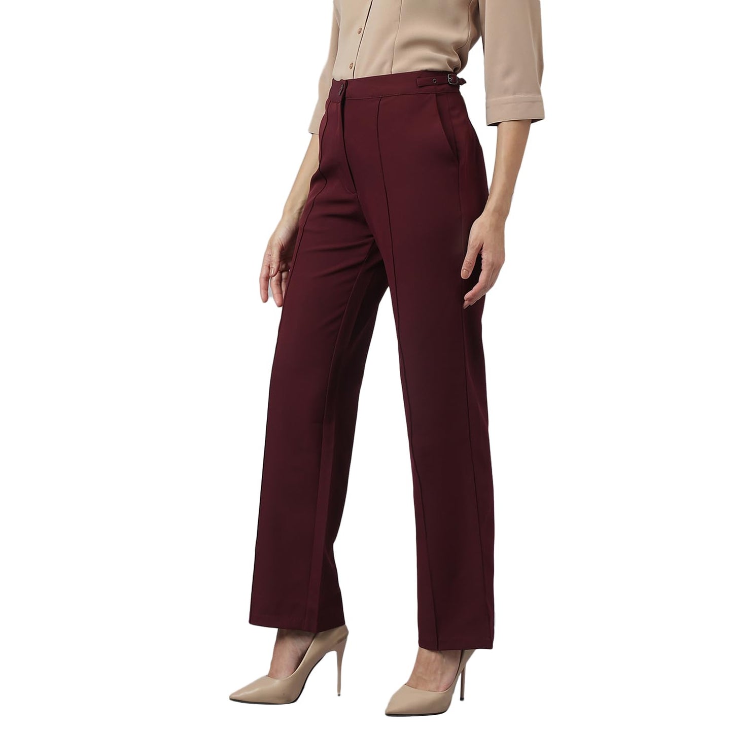 Latin Quarters Women's Maroon Solid Straight High Rise Formal Trouser_L