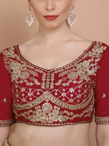 S SALWAR STUDIO Red Silk Sweetheart Neck Embroidered Readymade Alterable Padded Saree Blouse
