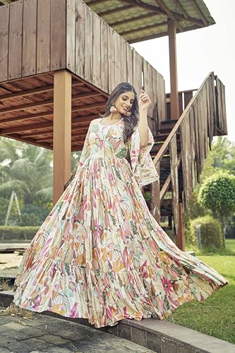Samprag Rayon Gown for Women | Full Length | Printed | Fit & Flare | Flared & Bell Sleeves | Round Neck | Ethenic Dress | Ideal for Casual, Wedding & Party | Off-White & Sky Blue | S