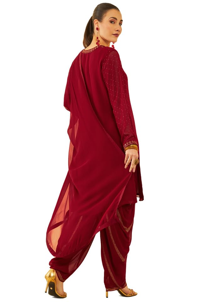 Soch Womens Red Georgette Stones Embellished Suit Set