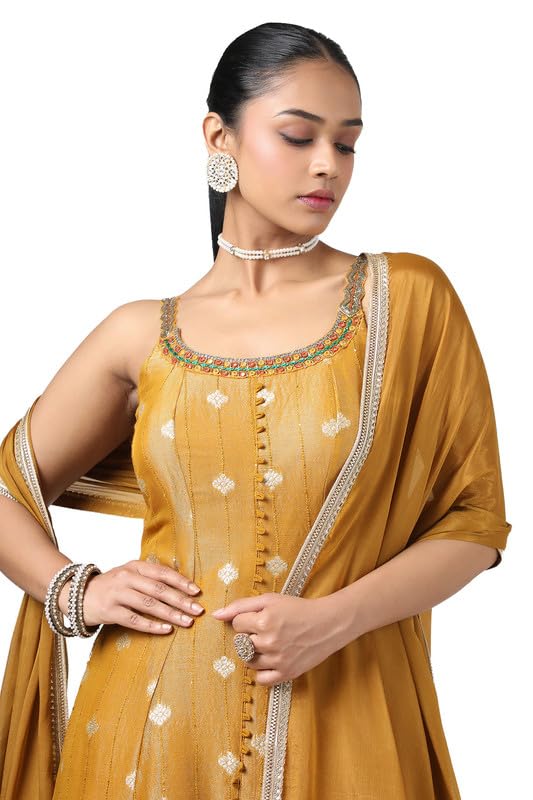 Soch Womens Mustard Brocade Zari Woven Suit Set With Sequins