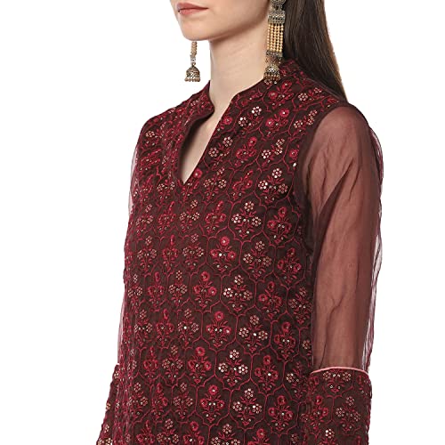 BIBA WOMEN EMBROIDERY LAYERED SALWAR KURTA DUPATTA(SKD8281_WINE_32)
