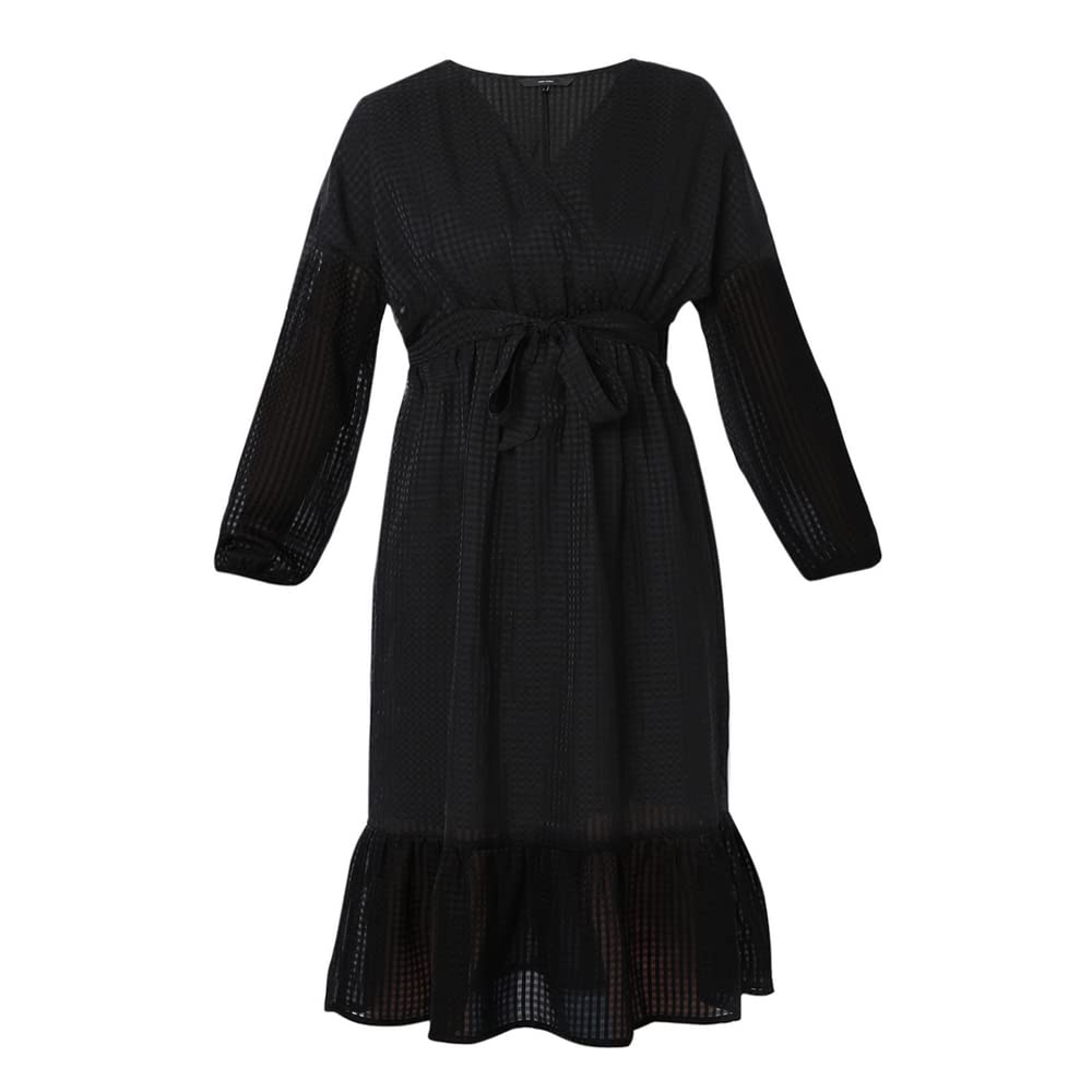 VERO MODA Printed Polyester V Neck Women's Midi Dress (Black,XL)