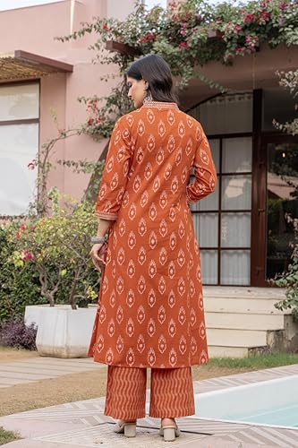 Pistaa's Women's Pure Cotton Anarkali Printed Kurta with Palazzo & Dupatta Set (Rust, XXX-Large)