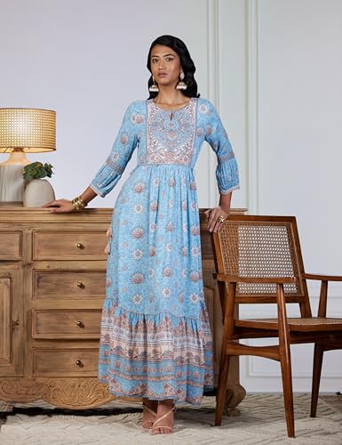 BIBA Women Ankle Length Printed Tired_Casual Dress Mix and Match(Ribayat Collection2344_Sky Blue_40)