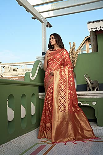 Vardha Women's Organza Art Silk Saree with Unstitched Blouse Piece - Zari Woven Work Sarees for Wedding (Kalini Silk, 435, Peach)