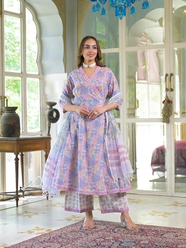 Divena Pink Cotton Block Print Angarakha Kurta Pant with Dupatta