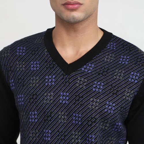 Raymond Men Regular Fit Wrapper Pattern Merino Wool Acrylic Blend Full Sleeve V Neck Casual Sweater Black