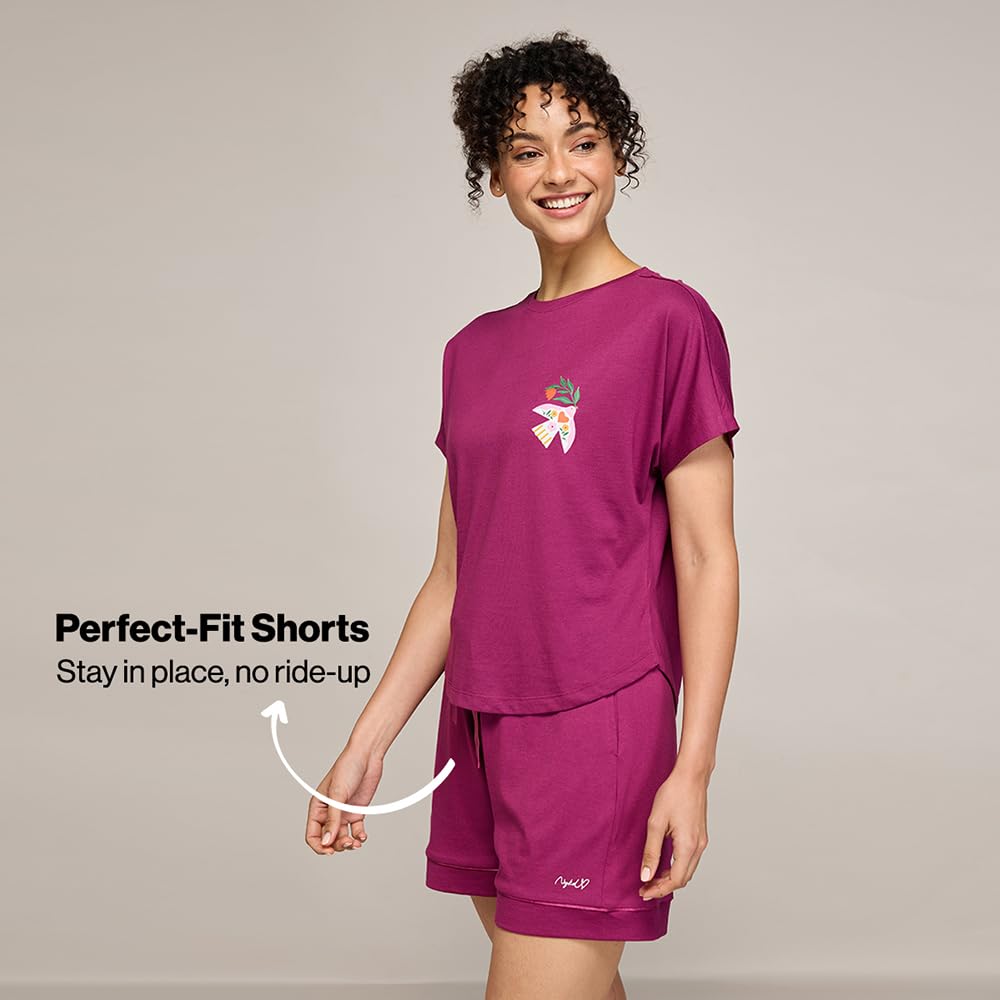 NYKD (NYS940 Soft Modal Cotton Coords Night Suit for Women | Relaxed Fit Round Neck T-Shirt with Extended Shoulder Sleeves & Shorts | Perfect for Sleep, Lounge & Everyday Wear - Wine