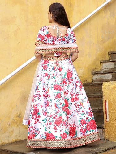 Zeel Clothing Women's Art Silk Digital Print With Dori, Sequins, And Stone Work Art Silk Semi Stitched Lehenga Choli With Dupatta (7512-White-Red-Wedding-Floral-Lehenga-Choli; Free Size)