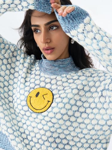 The Souled Store S.W.Smiley: Faces Women and Girls Full Sleeves Mock Neck Light Blue Graphic Acrylic Oversized Fit Sweater