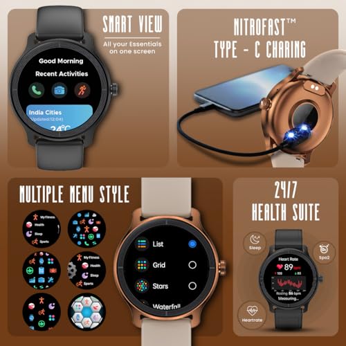Fastrack Sleek 1.32" AMOLED 42mm Round Display Smart Watch with Silicone Strap, QR Hub, BT Calling, SPO2, Hotkey, Functional Crown, IP68 Water Resistant Upto, 5 Days Battery Life - Onyx Black