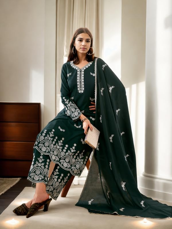 V4M Women's Embroidered Teal Blue Straight Pure Cotton Kurta Set