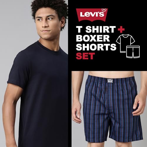 Levis' Men's Regular Fit 100% Cotton Round Neck Half Sleeve T Shirt with Checkered Boxer Shorts Set (Navy Blazer/Indigo Night Check, M)