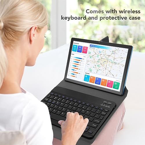 Vikye 10.1 Inch 2-in-1 Tablet with Keyboard and Earphone, 12GB RAM 256GB ROM Octa Core, 12MP 24MP Camera, US Plug (Blue)