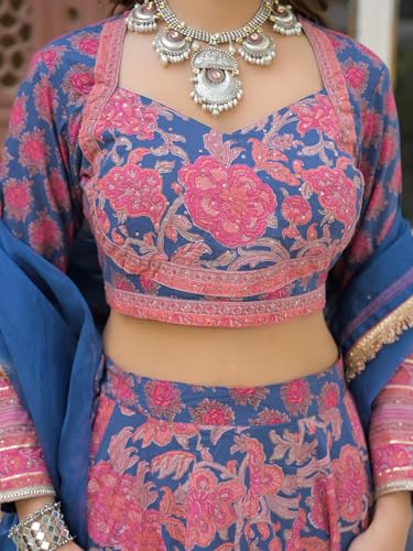 Divena Blue Printed Cotton Lehenga with Choli and Dupatta
