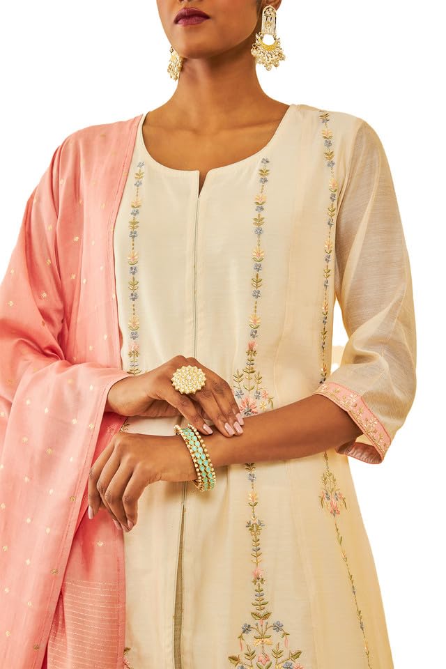 Soch Womens Cream Chanderi Floral Embroidered Suit Set with Zari