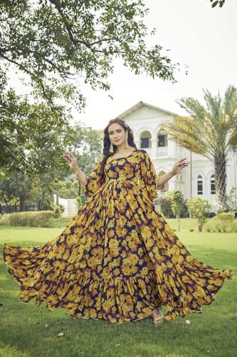 Samprag Georgette Gown for Women | Full Length | Printed | Fit & Flare | Flared & Bell Sleeves | Round Neck | Ethenic Dress | Ideal for Casual, Wedding & Party Occassions | Yellow | M