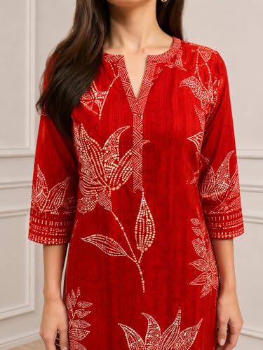 Biba Women Red Viscose Rayon Printed Straight Suit Set_32