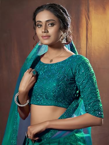 Zeel Clothing Thread Sequins Embroidery Work Soft Net Semi-Stitched Lehenga Choli Set With Dupatta (6017-Teal-Green-Women-Lehenga-Choli-New; Free Size)